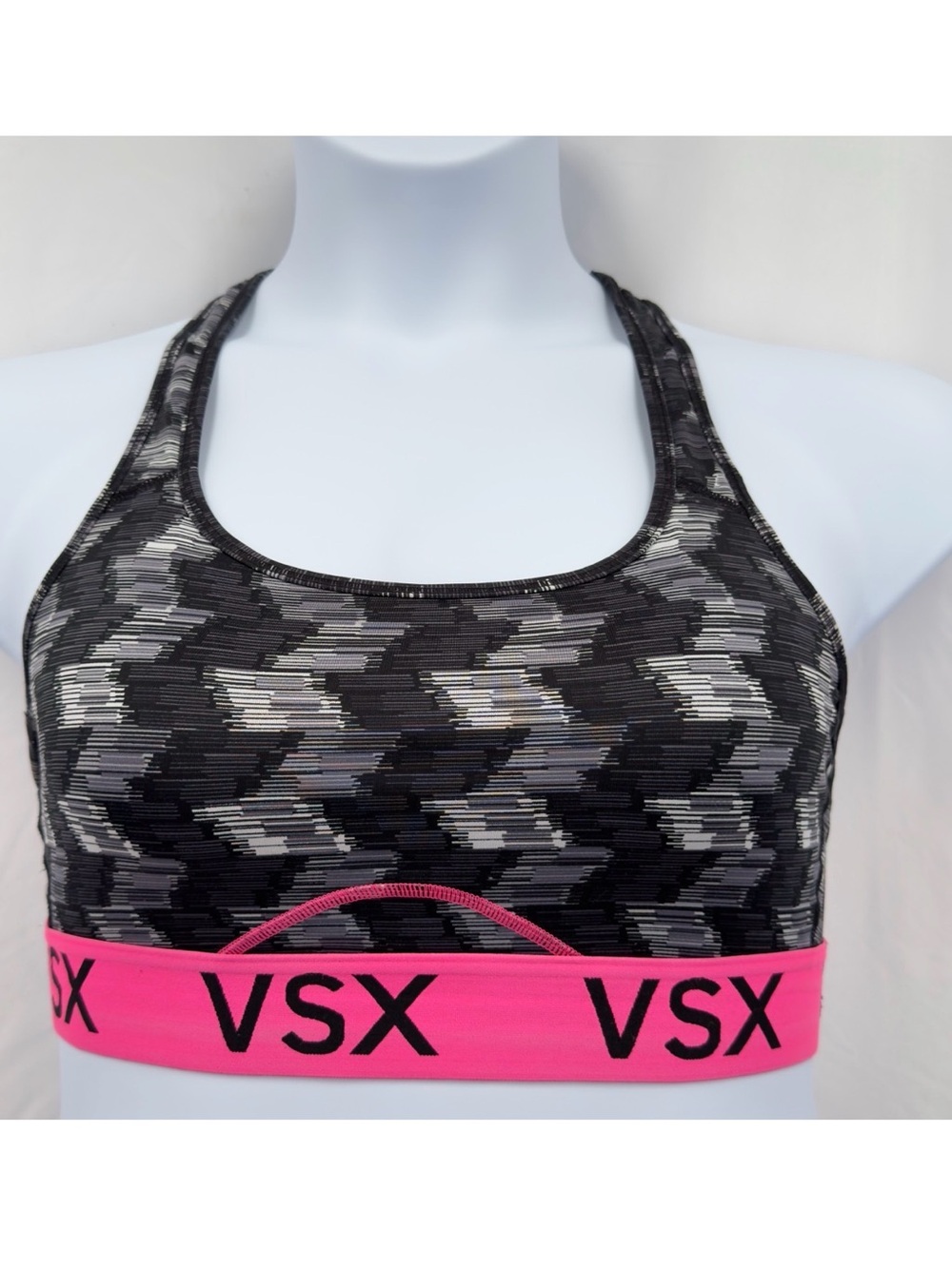 Victoria's Secret VSX Sports Bra Large Black Gray Camo Pink Logo Band Racerback